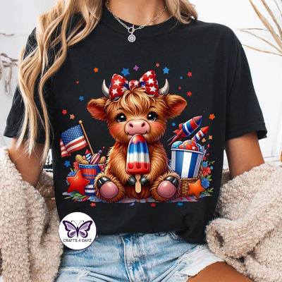 Cow 4th Black Highland Cow 4th of July T-Shirt