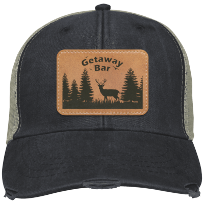 Hat Black Rectangle Patch Getaway Bar Distressed Trucker Hat