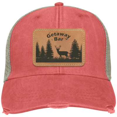 Hat Coral Rectangle Patch Getaway Bar Distressed Trucker Hat