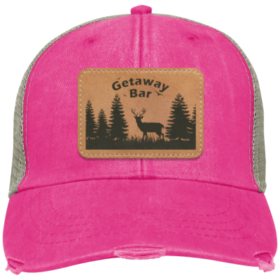 Hat Pink Rectangle Patch Getaway Bar Distressed Trucker Hat